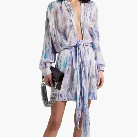 IRO Paris Keita Kimono Sleeve Printed Cutout Mini Dress Blue Multi Women 40 / 8 - Picture 1 of 5